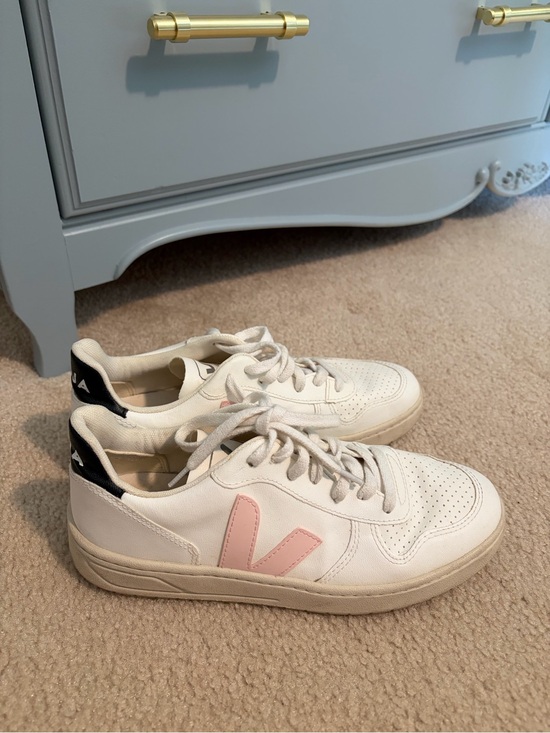 Veja Shoes - Veja White Leather Sneakers with Pink V and Black Heel